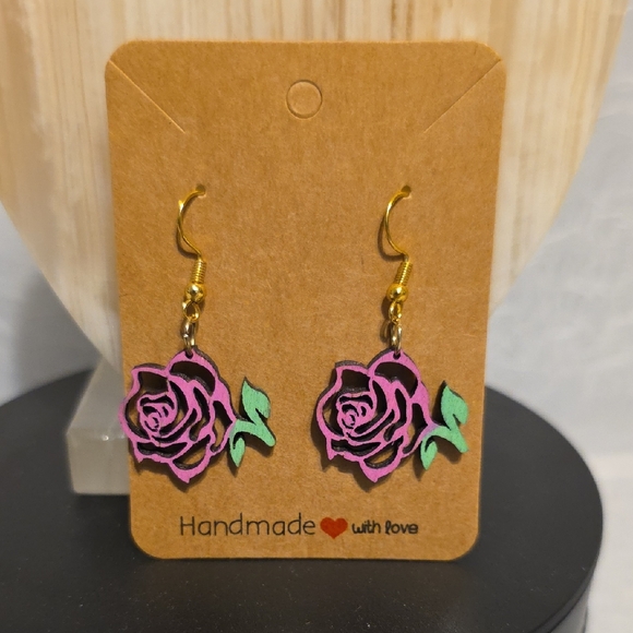 Floral Rose Earrings with Gold Hooks - Picture 1 of 6